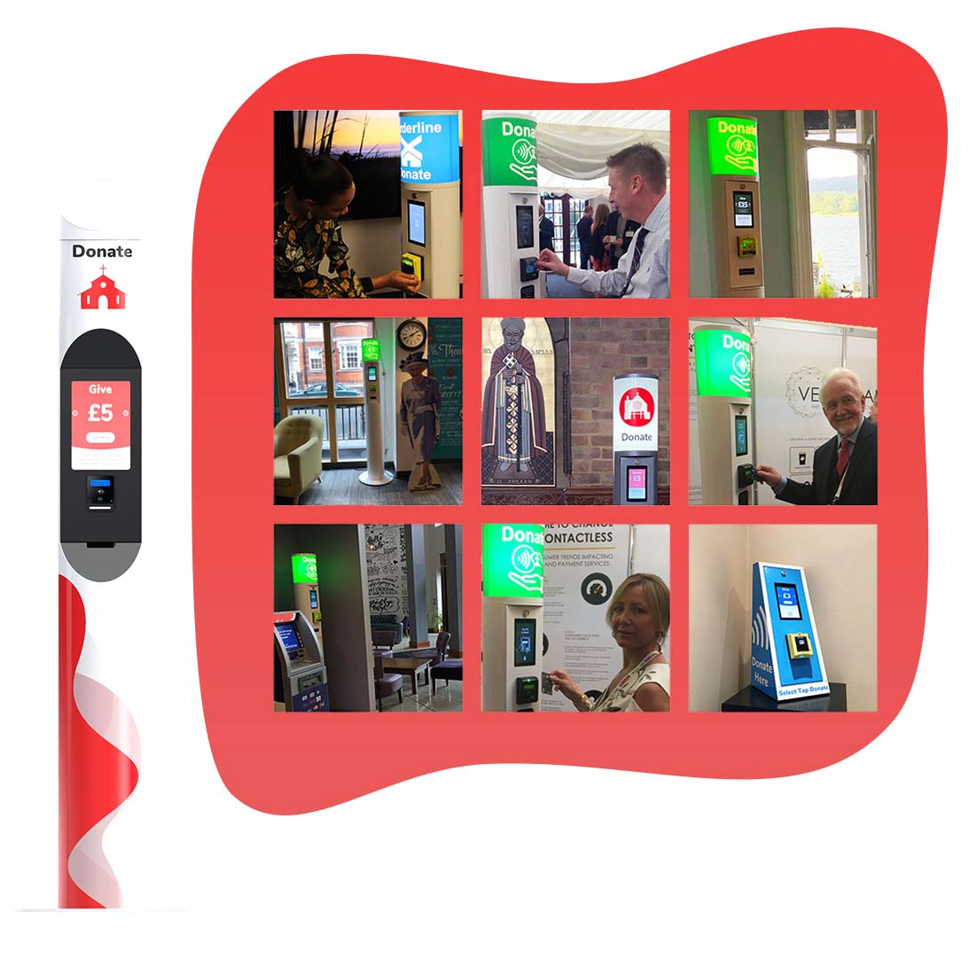 Collage of charities using a Contactless Donation Points