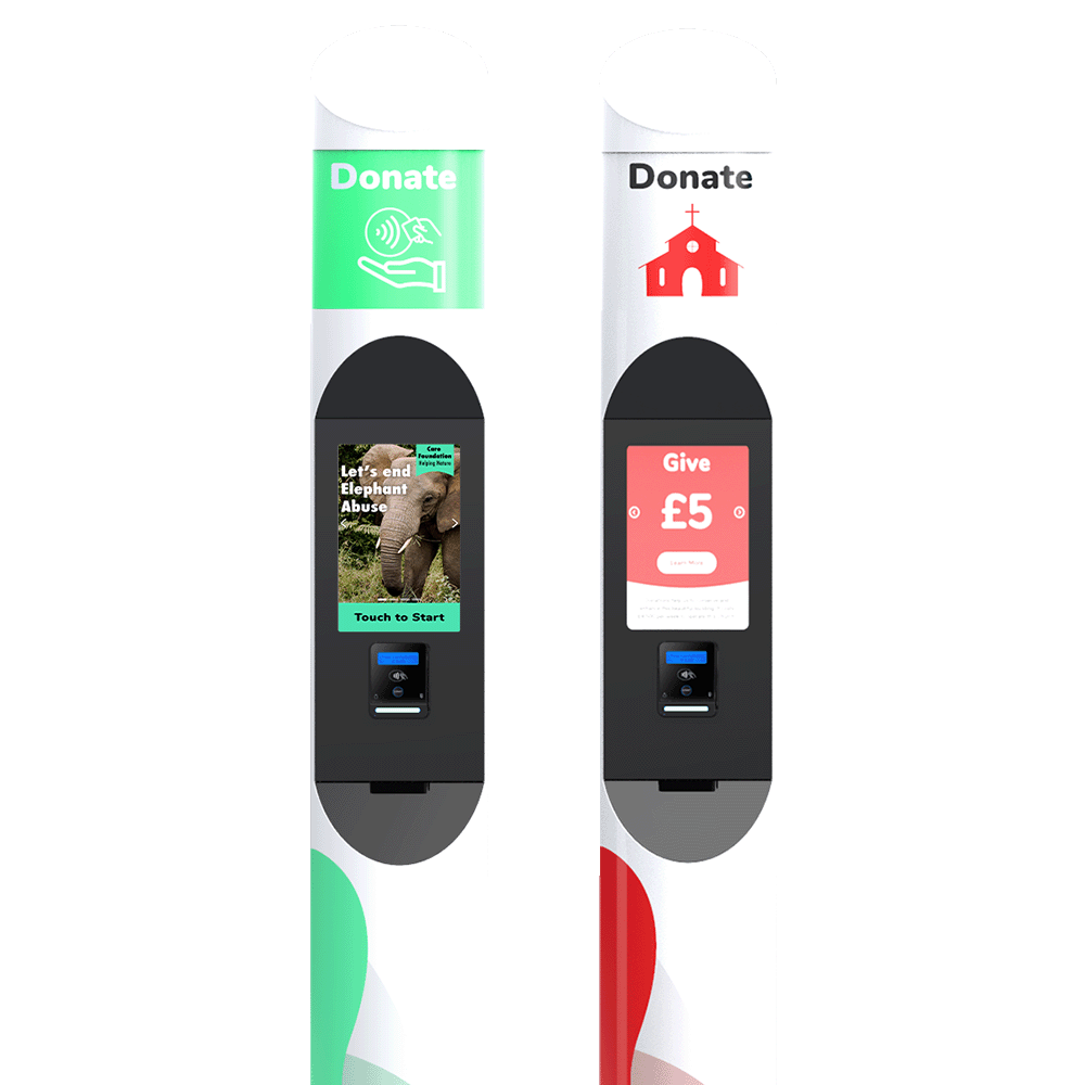 Two branded Tubular Donation Kiosks