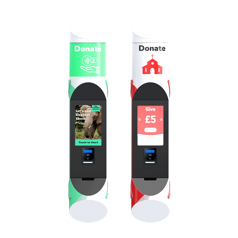 Two branded Tubular Donation Wall Mounted Kiosks